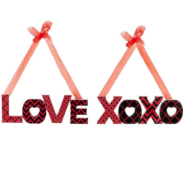 Wooden LOVE and XOXO Valentine's Day Wall Decorations - 2.5 in. Red and Black - (Set of 2)