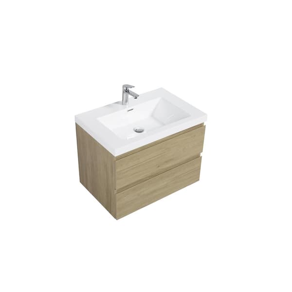 30 in. W Floating Single Sink Bath Vanity in Natural Oak with Gloss White Resin Top