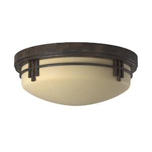 Mission Ridge 13 in. 2-Light Warm Mahogany Flush Mount Ceiling Light with Goldenrod Glass Shade