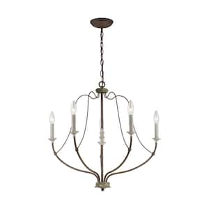 Nadia 5-Light Distressed White Wood and Weathered Iron Farmhouse Rustic Hanging Candlestick Chandelier