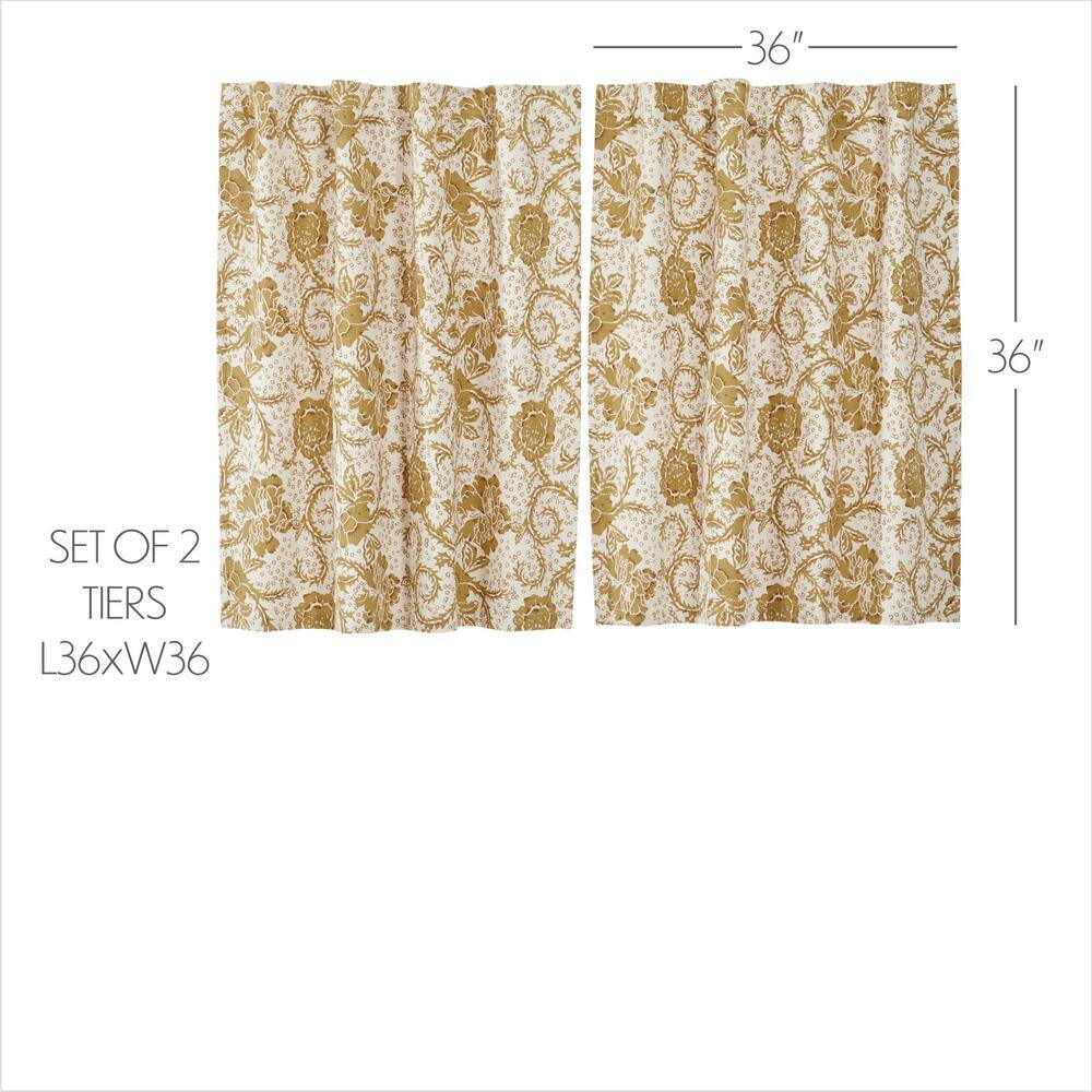 Gold Floral Cotton Light-Filtering Tier Kitchen Curtains, 36x36