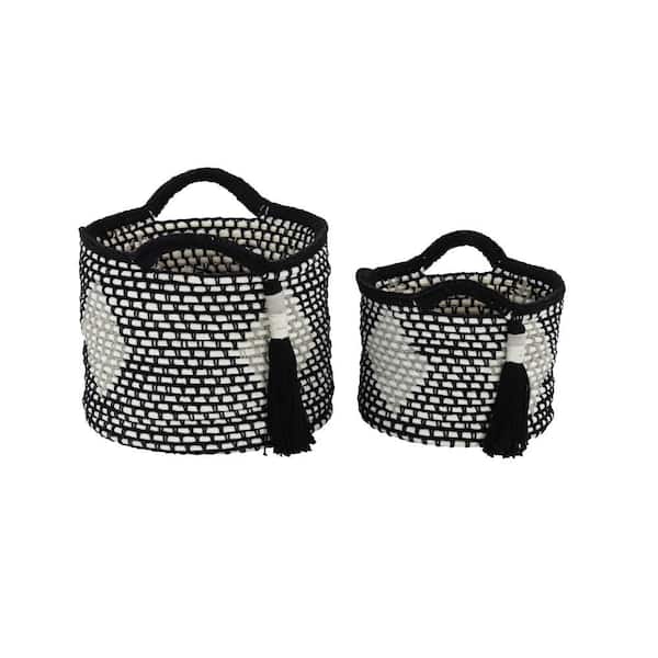 Large Round Black and White Cotton Rope Baskets with Diamond Design and Decorative Tassels (Set of 2)