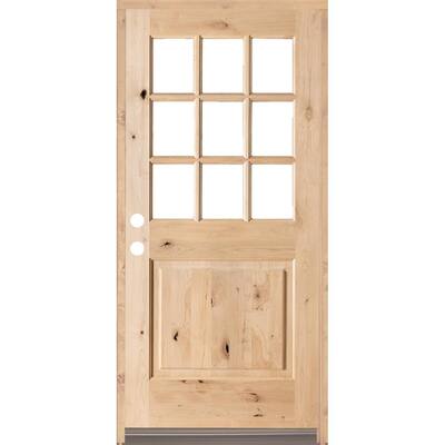 36 in. x 80 in. Craftsman 9-Lite Clear Beveled Glass Right-Hand Inswing Unfinished Knotty Alder Prehung Front Door