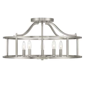 Stockton Large 24 in. W x 12 in. H 5-Light Satin Nickel Semi-Flush Mount with Open Drum Shaped Metal Frame