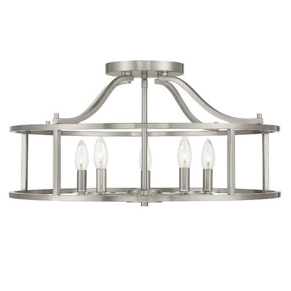 Savoy House Stockton Large 24 in. W x 12 in. H 5-Light Satin Nickel Semi-Flush Mount with Open Drum Shaped Metal Frame