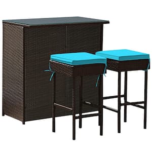 3-Piece Brown Wicker Outdoor Bar Set with Blue Cushions