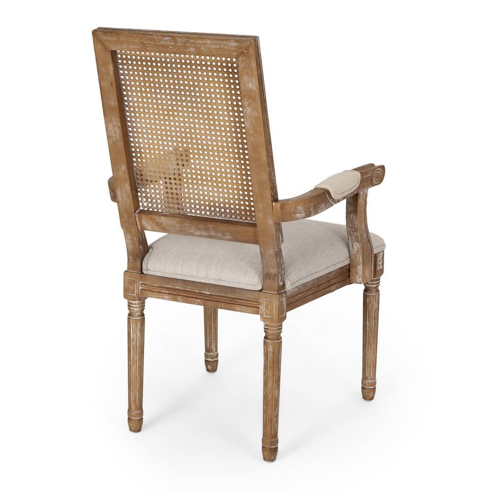 Beige Upholstered Wood and Cane Arm Chair Set