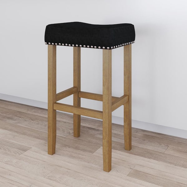 Nathan James Hylie 29 in. Dark Gray Faux Leather Nailhead Saddle Cushion Natural Wood Pub-Height Counter Bar Stool