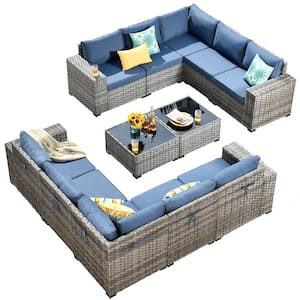 Crater Gray 12-Piece Wicker Outdoor Wide-Plus Arm Patio Conversation Sofa Seating Set with Denim Blue Cushions