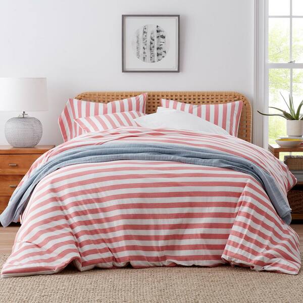 The Company Store Awning Stripe Space Dye Coral Jersey Knit Twin Duvet Cover