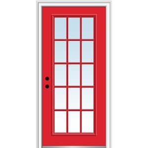 32 in. x 80 in. Classic Right-Hand Inswing Clear 15-Lite Painted Fiberglass Smooth Prehung Front Door, 4-9/16 in. Frame