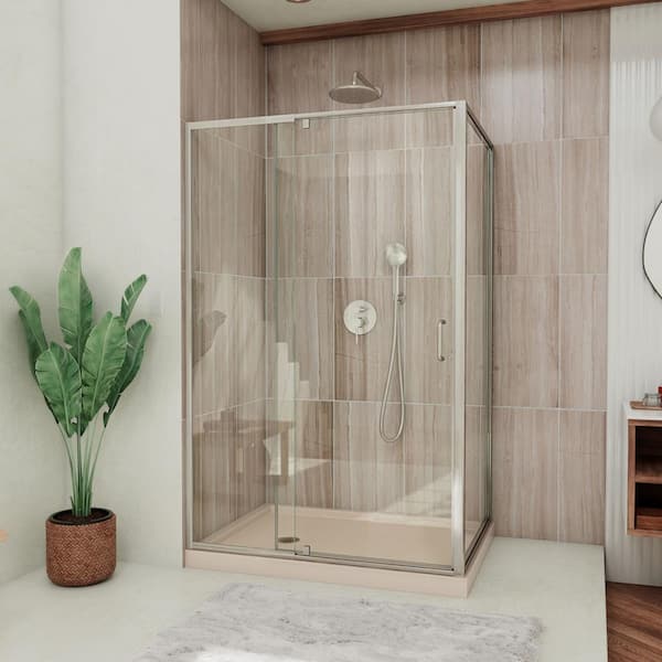DreamLine Flex 36 in. D x 48 in. W x 74.75 in. Framed Pivot Shower Enclosure in Chrome with Left Drain Biscuit Acrylic Base Kit
