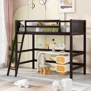 Espresso Wood Frame Twin Size Loft Bed with Sloping Ladder Placing in Left or Right, Full-Length Guardrails