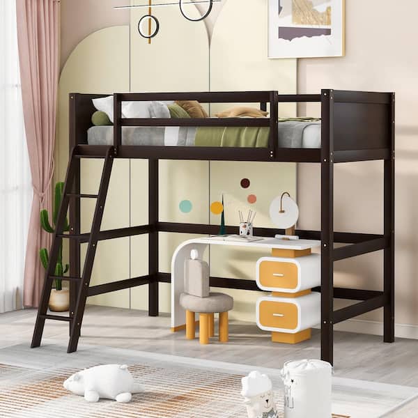 Harper & Bright Designs Espresso Wood Frame Twin Size Loft Bed with Sloping Ladder Placing in Left or Right, Full-Length Guardrails