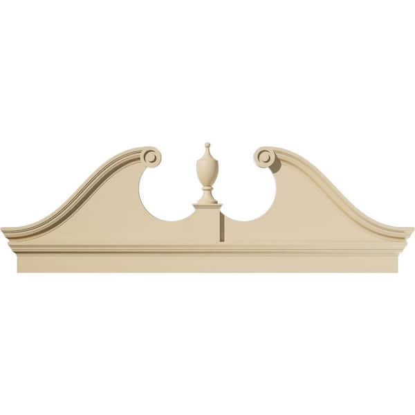 Ekena Millwork 74-in. W x 25-3/8-in. H x 2-3/4-in. P Rams Head Signature Urethane Combination Pediment Urn Ships Unattached in Box Prim
