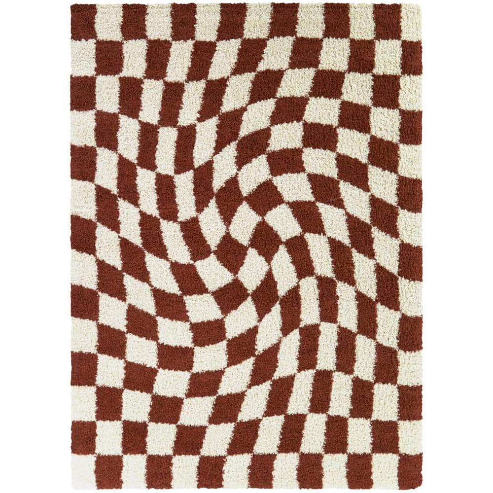 Rust and White Geometric Shag Area Rug for Kids 5'3" x 7'