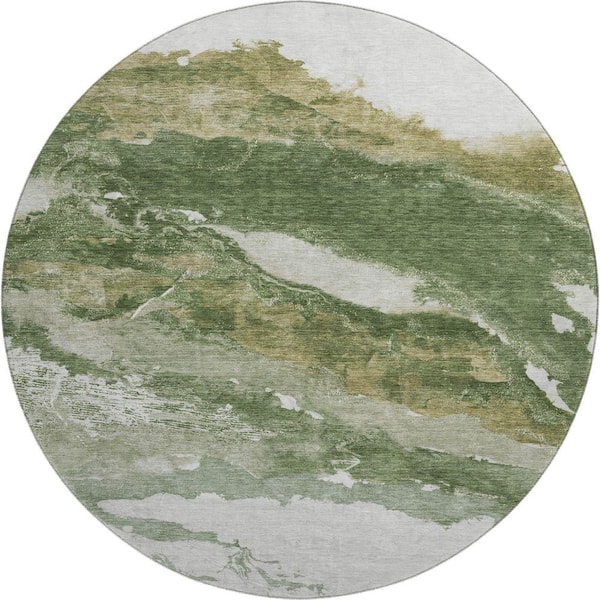Mayfield Premium Machine Washable Abstract AMF2054 Green 8 ft. x 8 ft. Round Rug
