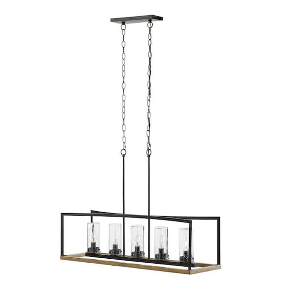 Home Decorators Collection Ellena 5-Light Matte Black and Maple Tone Outdoor Pendant Island Light with Seedy Glass