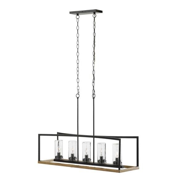 Home Decorators Collection Ellena 5-Light Matte Black and Maple Tone Outdoor Pendant Island Light with Seedy Glass