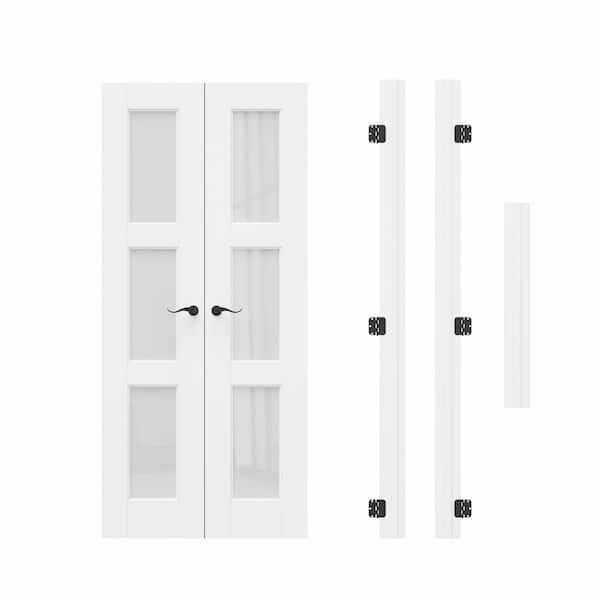36 in. x 80 in. 3-Lite Frosted Glass Universal White Solid Core Wood Double Prehung French Door+ Quick Assemble Jamb