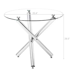 35.5 in. Round Silver Tempered Glass Top Dining Table (Seats 4)