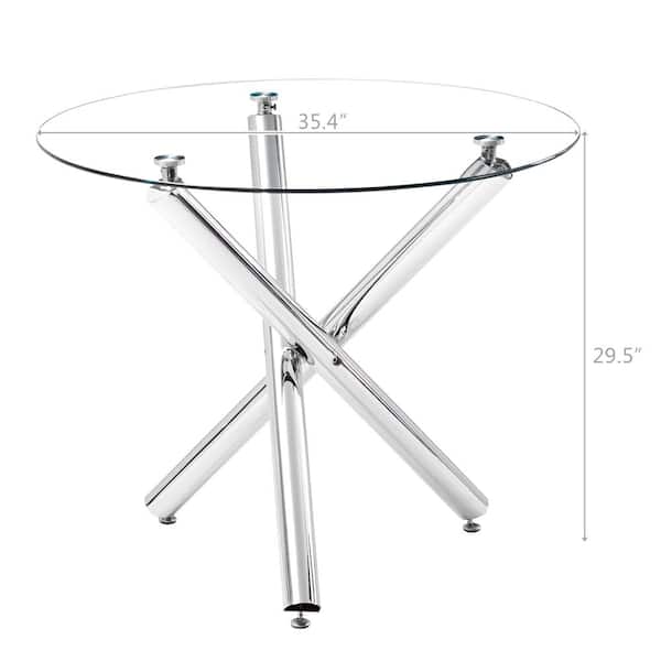 Winado 35.5 in. Round Silver Tempered Glass Top Dining Table (Seats 4)