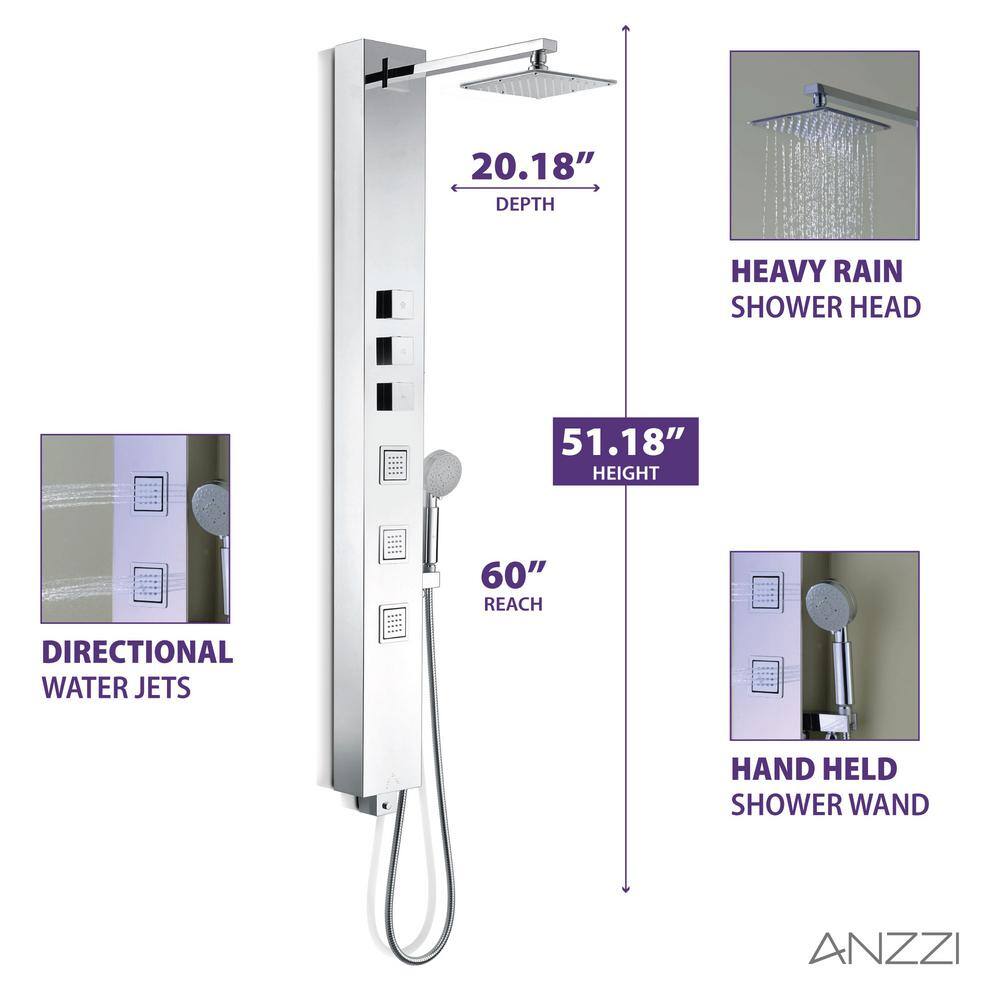 Polished Chrome Stainless Steel 59" Shower Panel with Jets and Handheld Wand