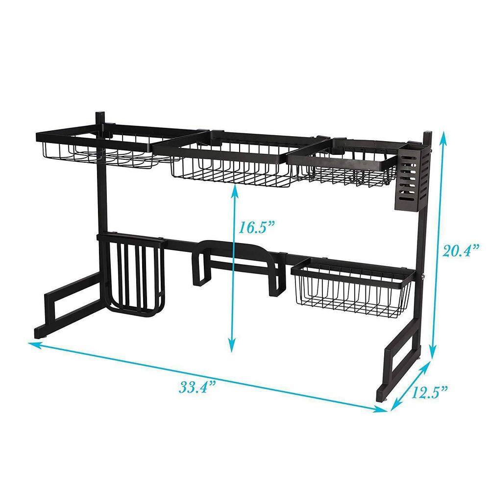 Black Stainless Steel Over-the-Sink Dish Drying Rack with Storage
