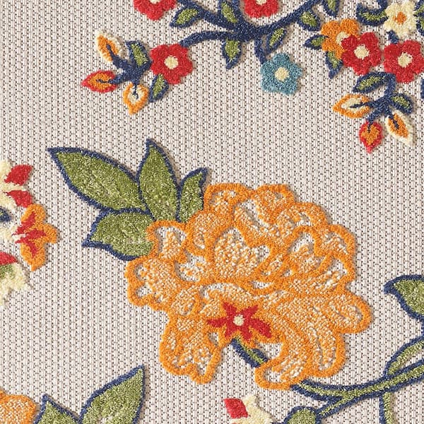 Ava Ivory 8 ft. Round Mid-Century Floral Indoor/Outdoor Area Rug