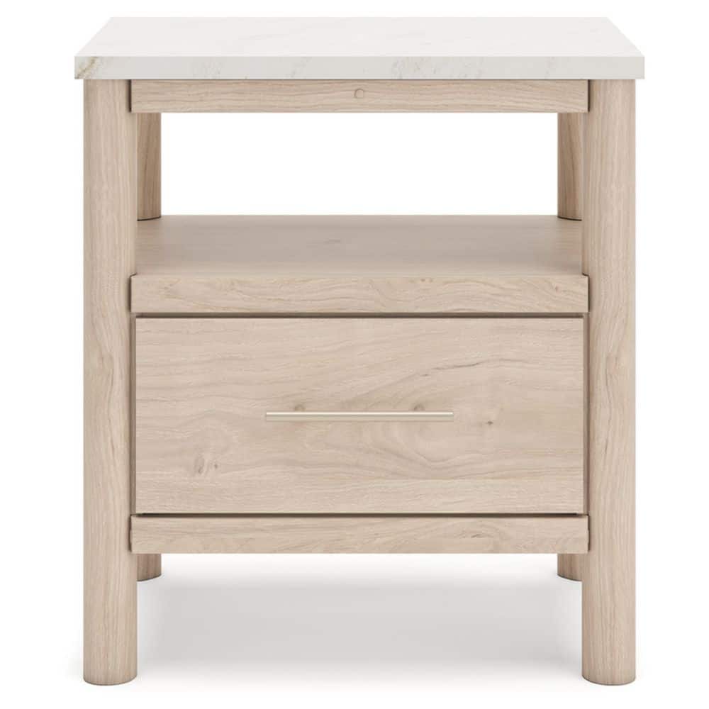 Light Brown and White 1-Drawer Nightstand with Marble Top
