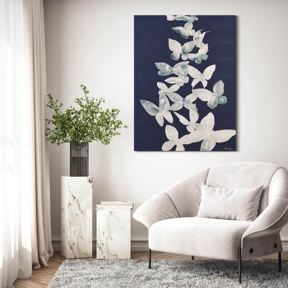 Ethereal Flight White Butterflies on Navy Canvas Wall Art