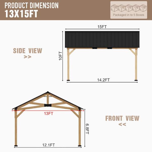 15 ft. x 13 ft. Cedar Wood Hardtop Outdoor Patio Gazebo with Galvanized Steel Roof and Ceiling Hook Brown