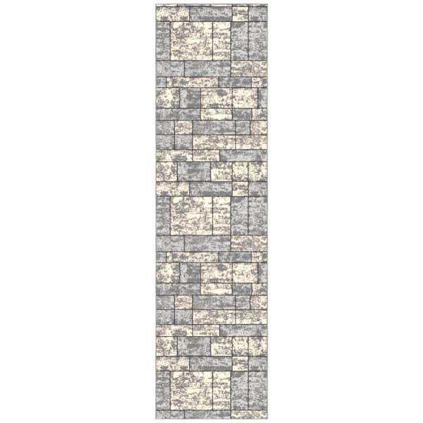 Ottomanson Ottohome Collection Non-Slip Rubberback Boxes Design 3x10 Indoor Runner Rug, 2 ft. 7 in. x 9 ft. 10 in., Gray
