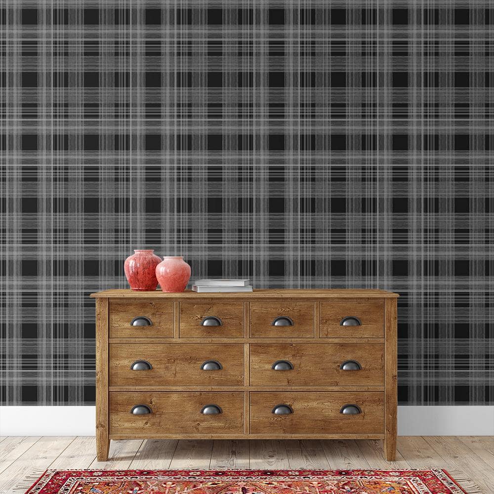 Onyx Black and White Plaid Vinyl Peel and Stick Wallpaper