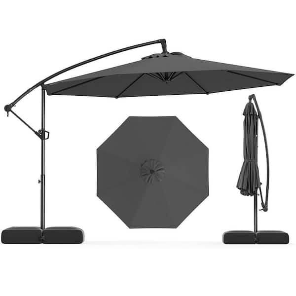 Costway 10 ft. Metal Tilt Cantilever Patio Umbrella Offset Hanging Umbrella with Base 360° Rotation in Gray
