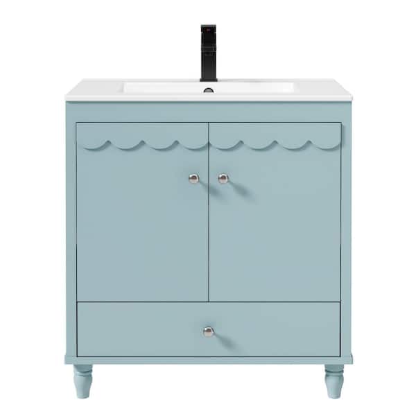 30 in. W x 18.3 in. D x 34 in. H Freestanding 1-Sink Bath Vanity in Blue with White Ceramic Top and Drain Faucet Set