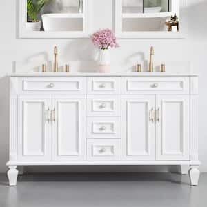 60 in. Solid Wood Bathroom Vanity With Double Sinks and 4 Drawers, Soft-Close Doors, Carrara White Quartz Top, White