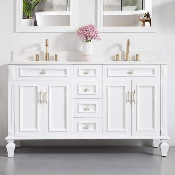 ANGELES HOME 60 in. Solid Wood Bathroom Vanity With Double Sinks and 4 Drawers, Soft-Close Doors, Carrara White Quartz Top, White