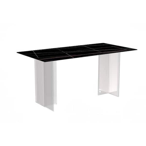Leisuremod Kova Modern Black/Gold Sintered Stone 55.11 in. Trestle Dining Table Seats 4