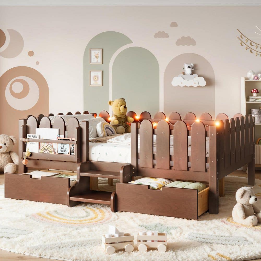 Antique Natural Full Wood Frame Platform Bed with LED Lights, Safety Guardrails, Bookshelf, Stairs and 2 Storage Drawers