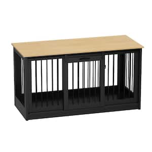 Modern Large Wooden Dog Kennel Furniture, Pet Dog Cage with Sliding Door for Large Medium Small Dogs, Black