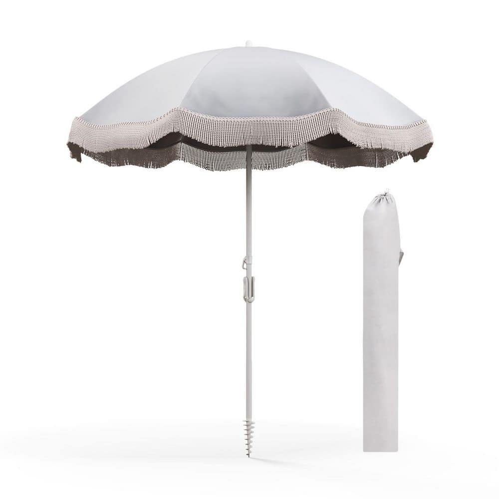 6.5 ft. Metal Beach Umbrella in Cream White with Fringe and Push Button Til