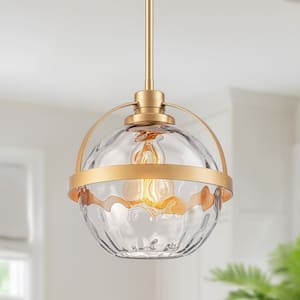Modern 1-Light Gold Pendant Light with Rippled Glass Globe and Adjustable Rod for Dining Room, Kitchen Island