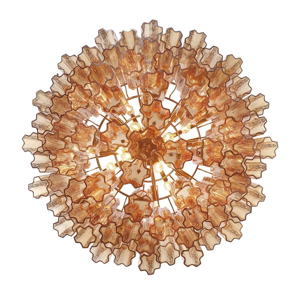 Aged Brass and Amber Glass 16-Light Chandelier