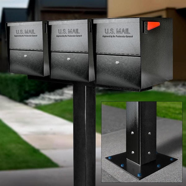 Package Master X3 Locking Post Mount Mailbox Combo Kit, Black, Surface Mount Post, 3-Compartment High Security Cluster