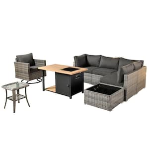 Sanibel Gray 8-Piece Wicker Patio Conversation Sofa Set with a Swivel Chair, a Storage Fire Pit and Black Cushions