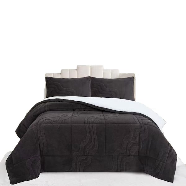 MEW 3-Pieces Dark Grey Wave Jacquard King Size Polyester Sherpa Comforter Set