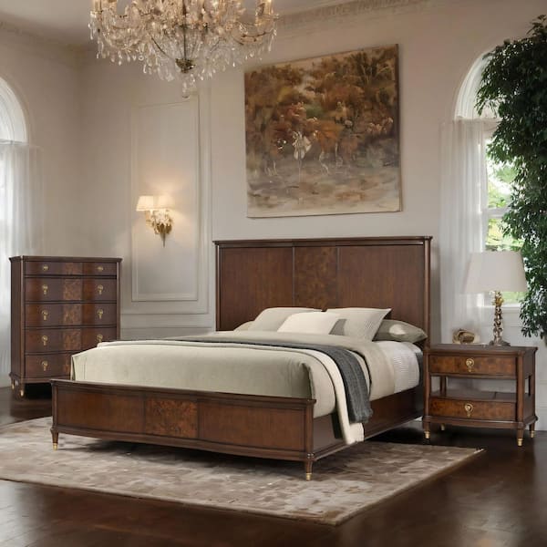 Whitney 3-Piece Traditional Dark Cherry Wood King Panel Bedroom Set with Nightstand and Chest