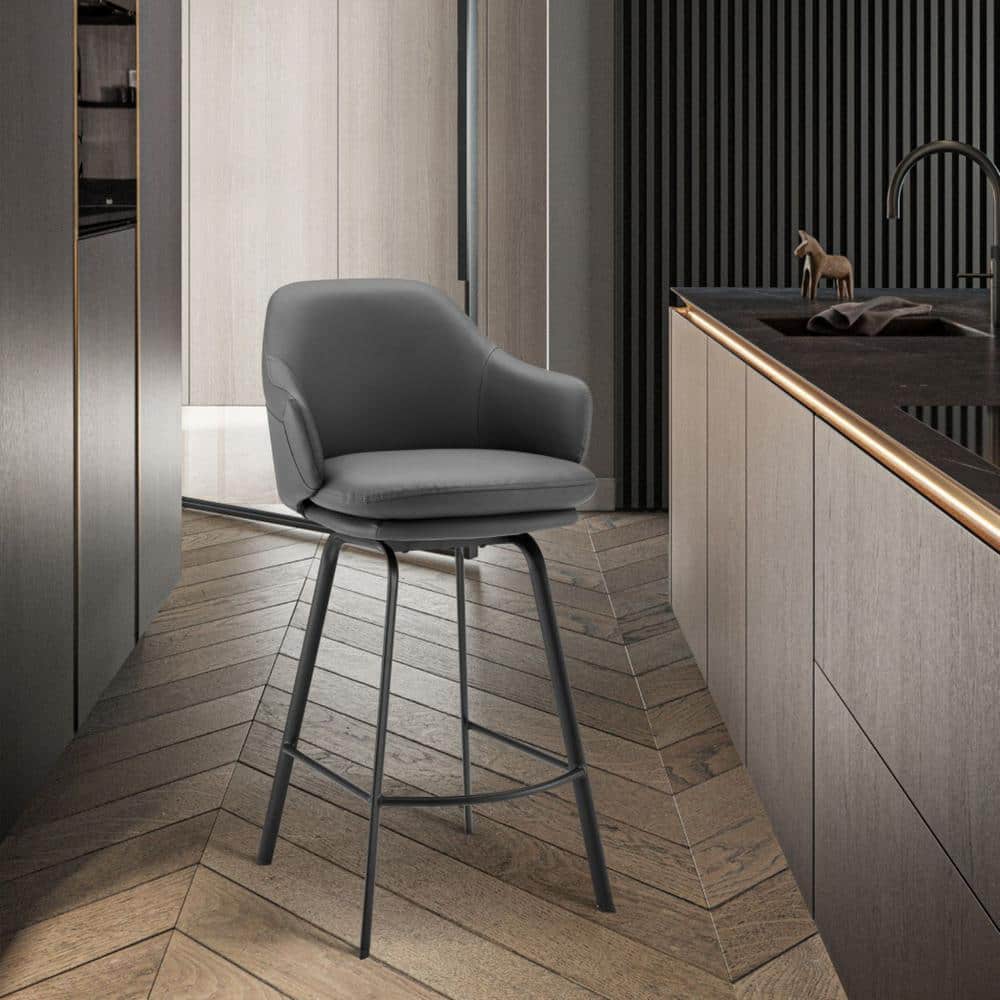 26" Gray Faux Leather and Black Metal Swivel Counter Stool