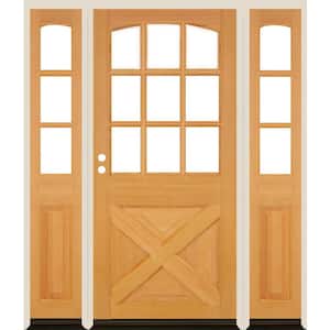 64 in. x 80 in. Farmhouse X Panel RH 1/2 Lite Clear Glass Natural Stain Douglas Fir Prehung Front Door with DSL